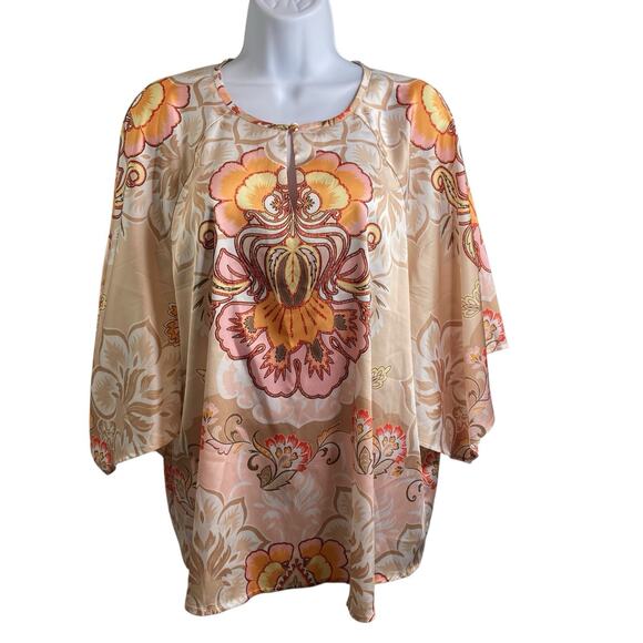 Chico's Tops - Chico's Women's Beige Satin Floral‎ Keyhole Neck Blouse Size 14 Asian Vibes Boho